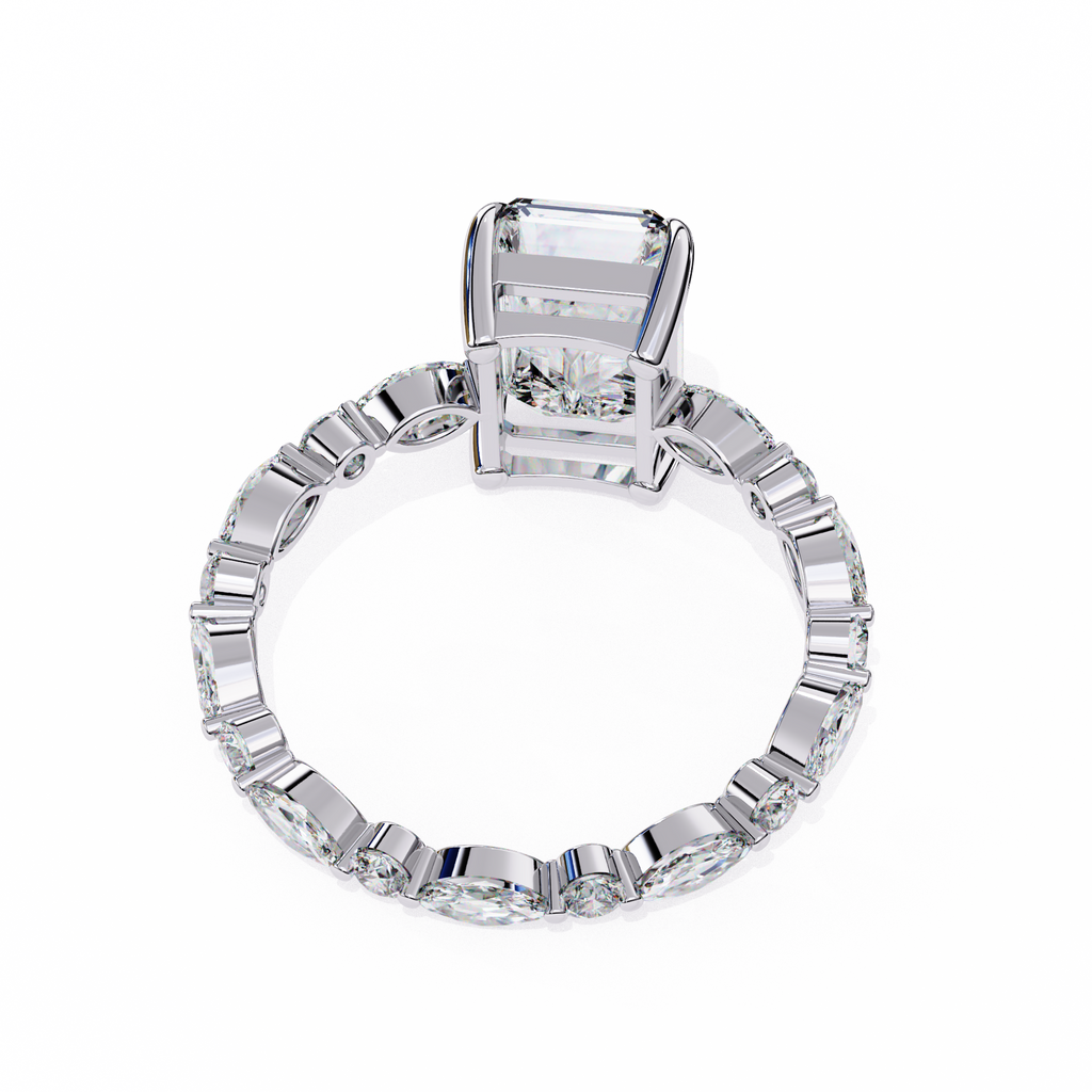 White Gold Radiant Cut Diamond Ring with Pear and Round Accents