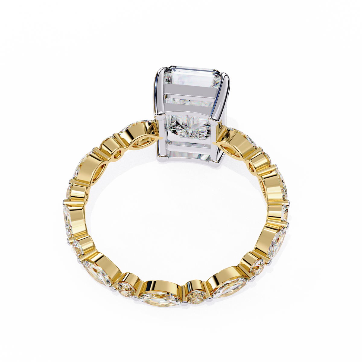 Yellow Gold Radiant Cut Diamond Ring with Pear and Round Accents