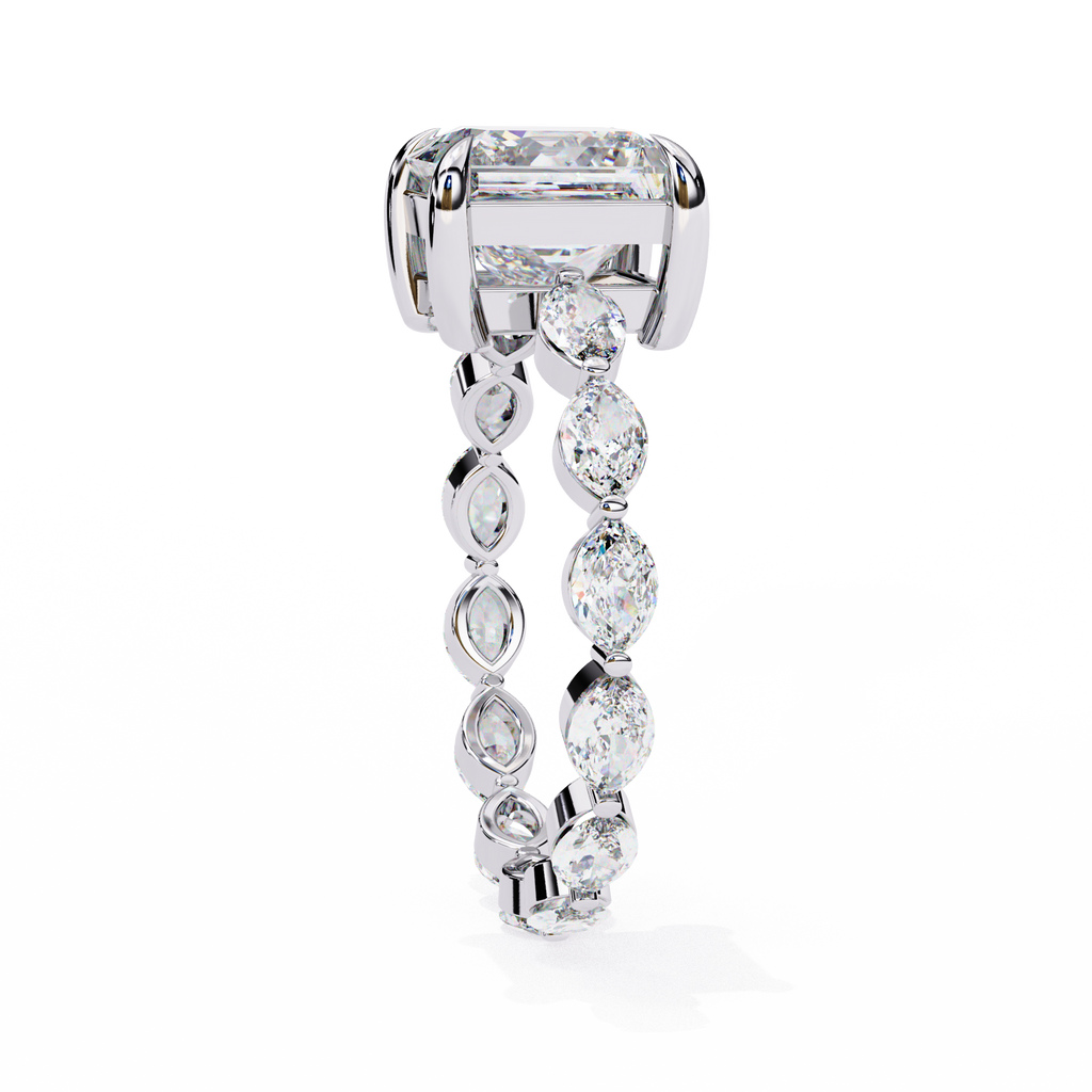 White Gold Princess Cut Diamond Ring with Marquise Eternity Band and Four Prong Setting