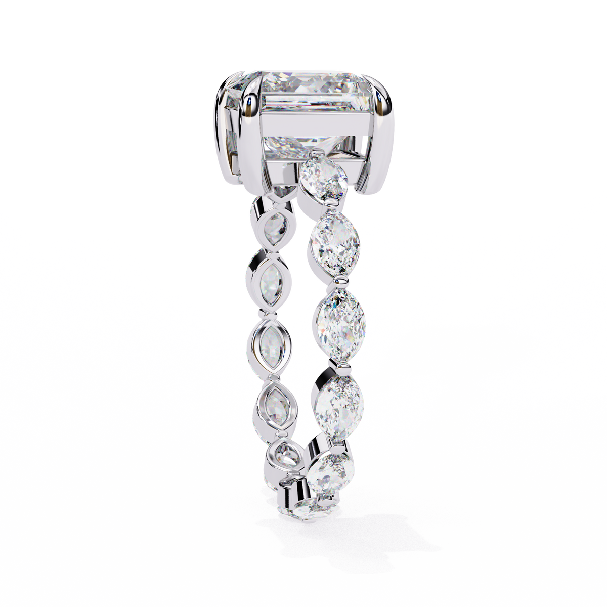 White Gold Princess Cut Diamond Ring with Marquise Eternity Band and Four Prong Setting