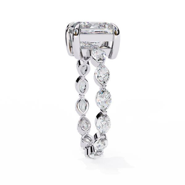 White Gold Princess Cut Diamond Ring with Marquise Eternity Band and Four Prong Setting