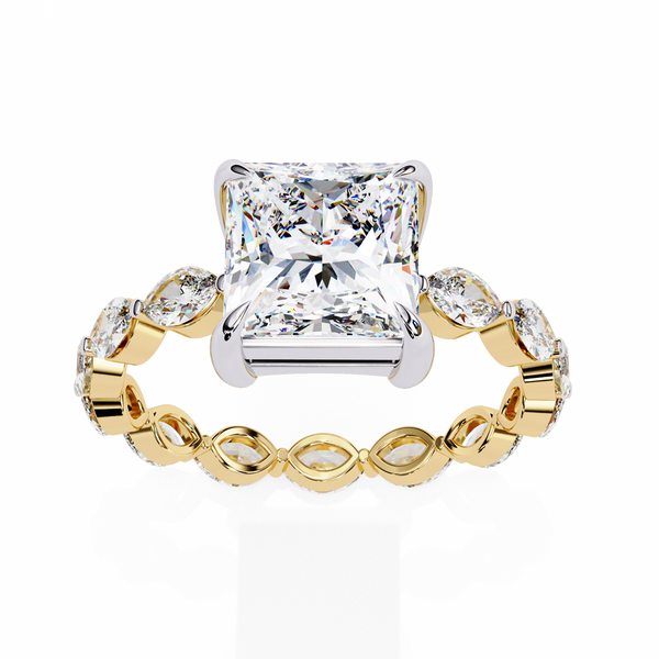 Yellow Gold Princess Cut Diamond Ring with Marquise Eternity Accents
