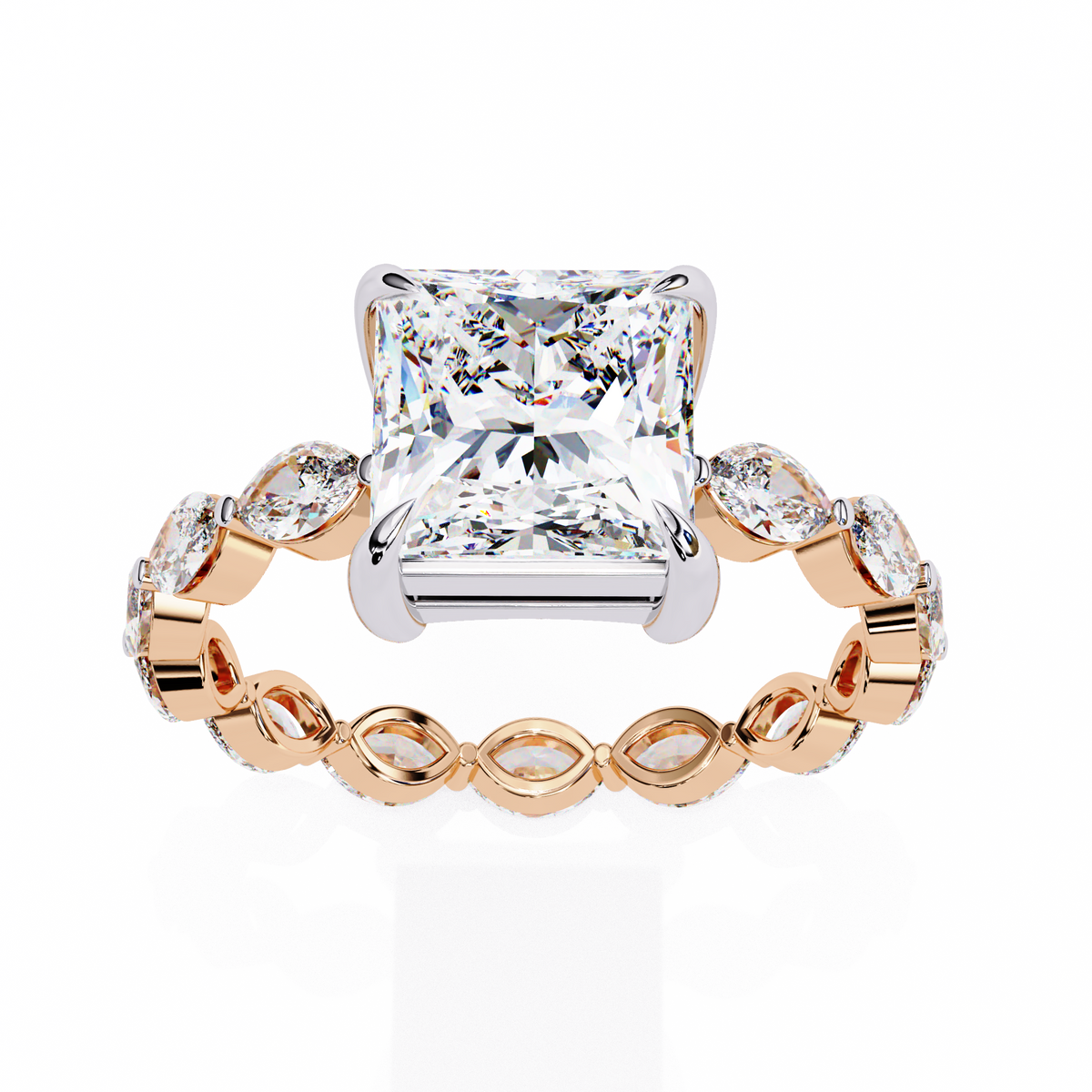 Rose Gold Princess Cut Diamond Ring with Marquise Eternity Band