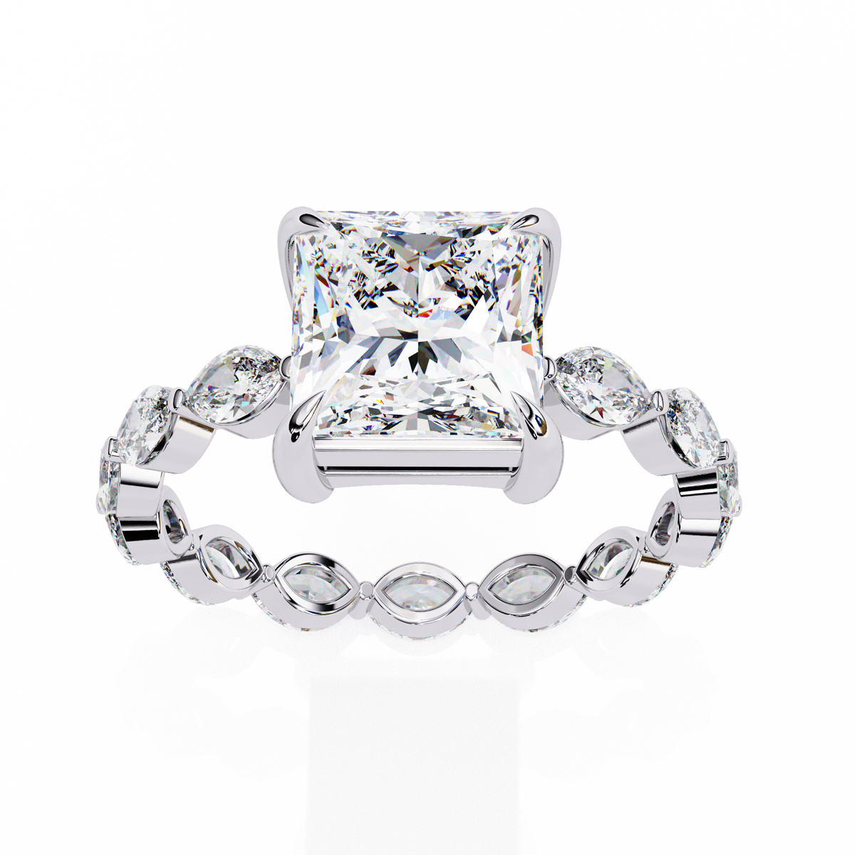 White Gold Princess Cut Diamond Ring with Marquise Eternity Band and Four Prong Setting