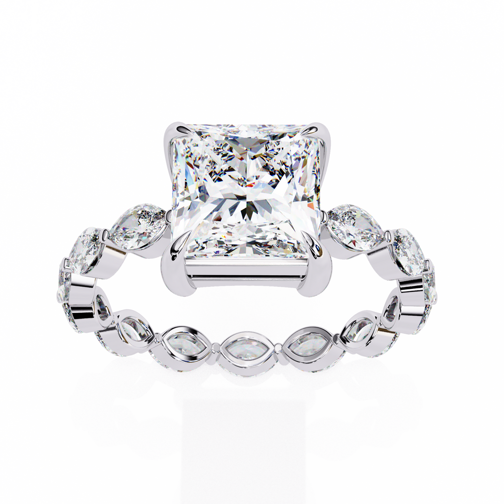 White Gold Princess Cut Diamond Ring with Marquise Eternity Band and Four Prong Setting