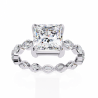 White Gold Princess Cut Diamond Ring with Marquise Eternity Band and Four Prong Setting