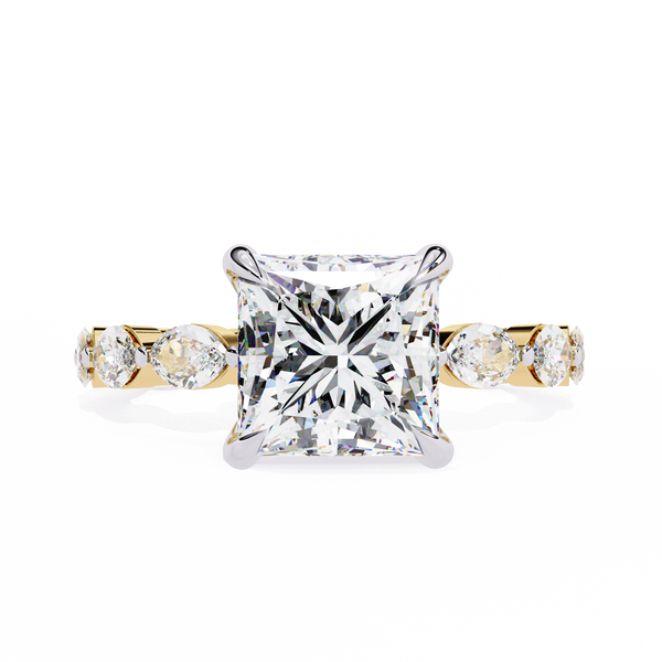 Yellow Gold Princess Cut Diamond Ring with Marquise Eternity Accents