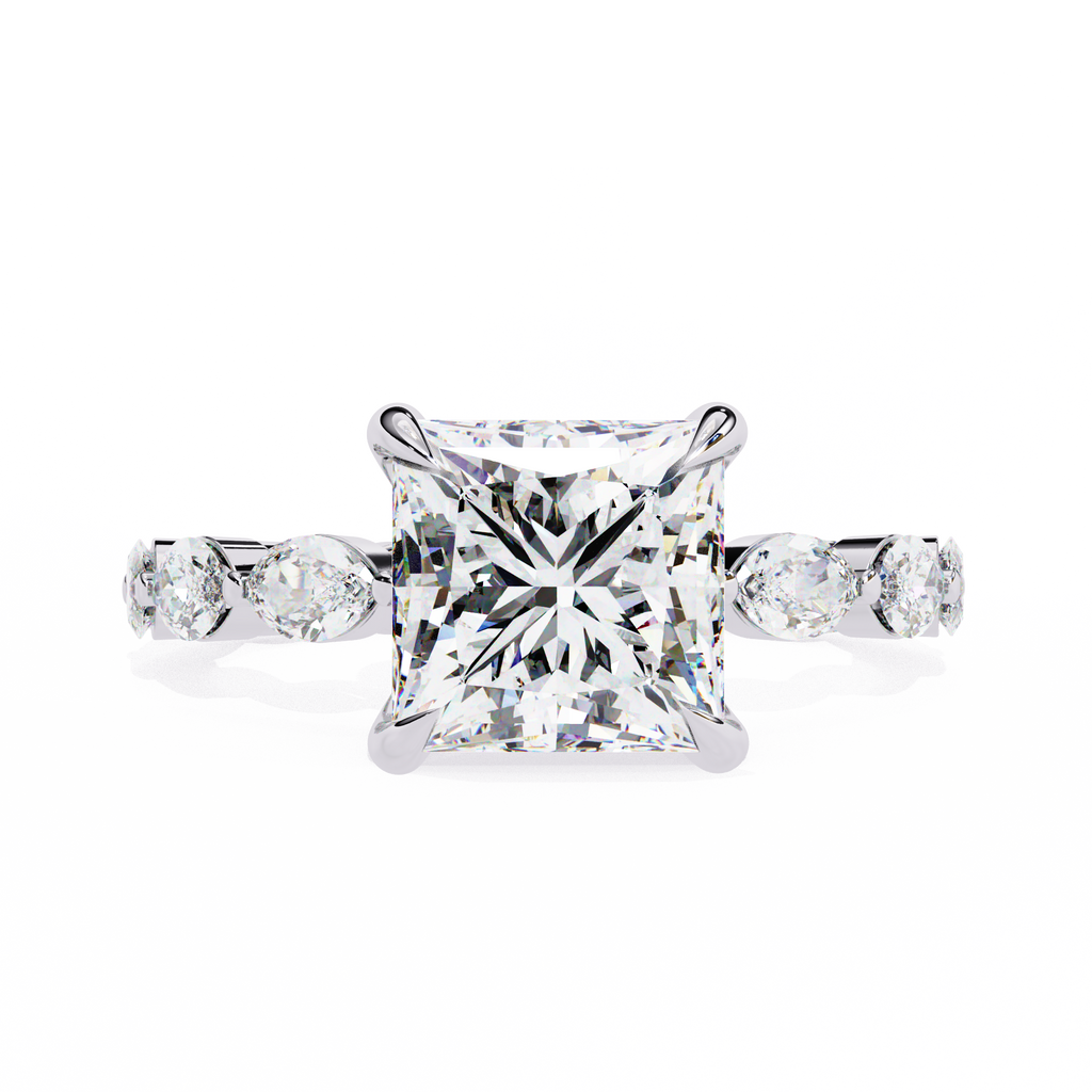 White Gold Princess Cut Diamond Ring with Marquise Eternity Band and Four Prong Setting