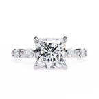 White Gold Princess Cut Diamond Ring with Marquise Eternity Band and Four Prong Setting