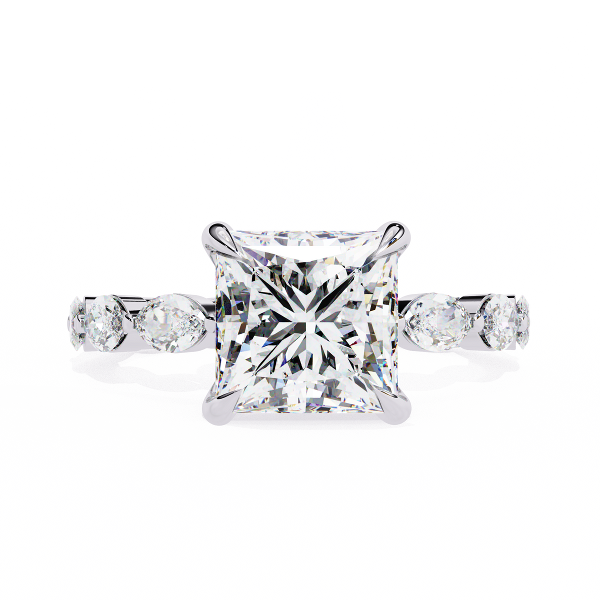 White Gold Princess Cut Diamond Ring with Marquise Eternity Band and Four Prong Setting