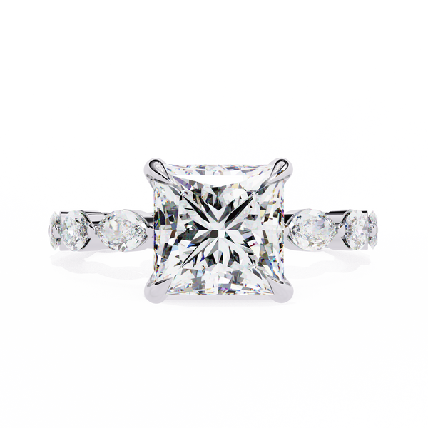 White Gold Princess Cut Diamond Ring with Marquise Eternity Band and Four Prong Setting