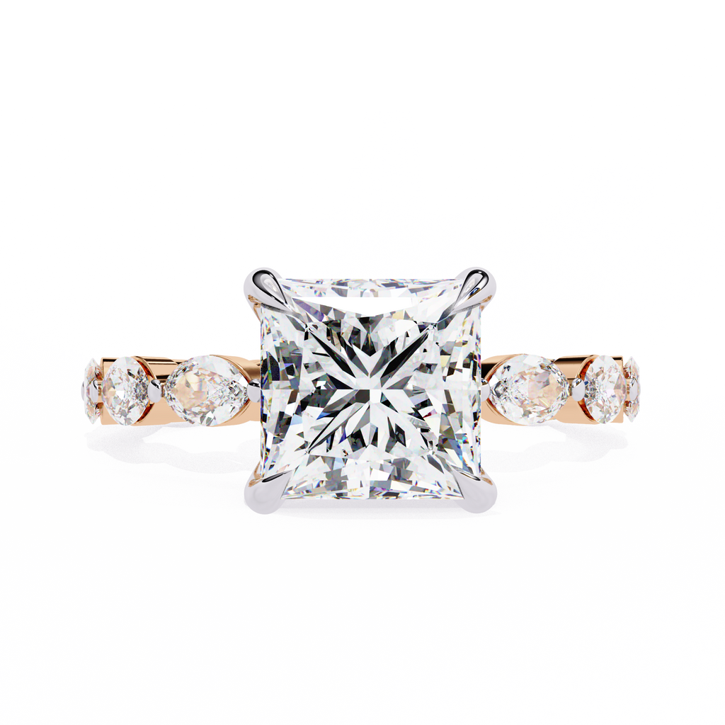 Rose Gold Princess Cut Diamond Ring with Marquise Eternity Band