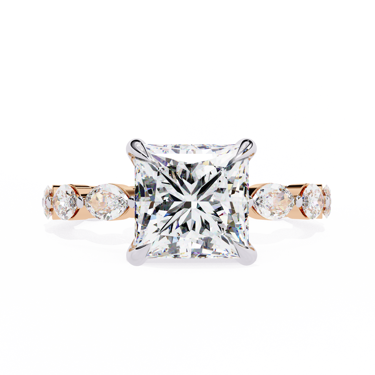 Rose Gold Princess Cut Diamond Ring with Marquise Eternity Band