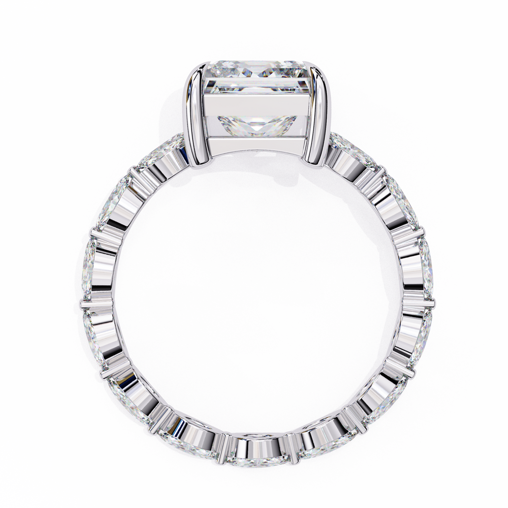 White Gold Princess Cut Diamond Ring with Marquise Eternity Band and Four Prong Setting