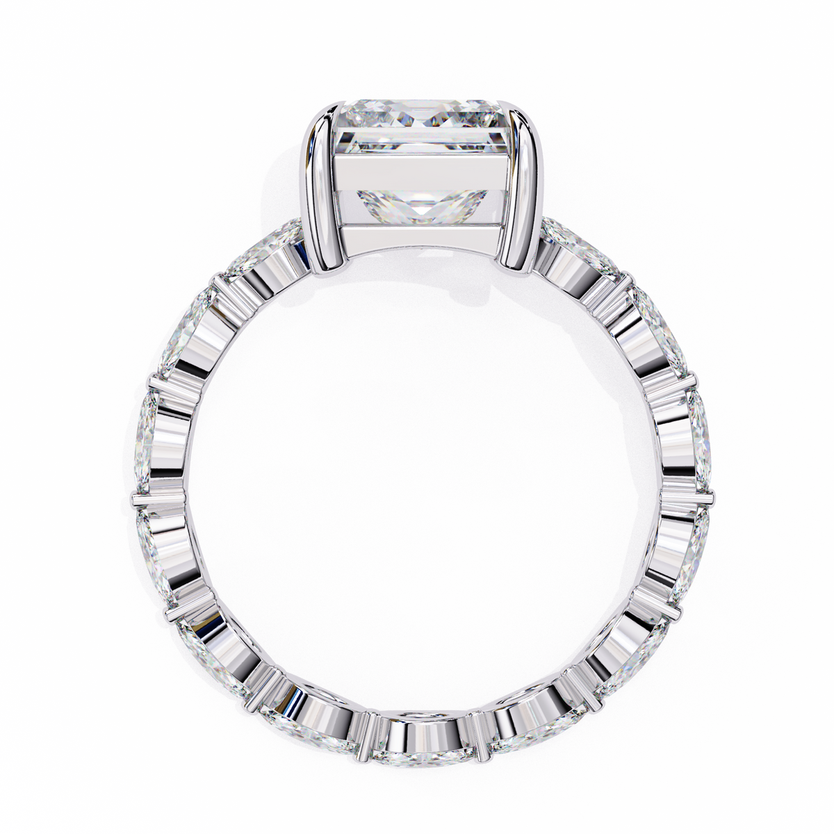 White Gold Princess Cut Diamond Ring with Marquise Eternity Band and Four Prong Setting