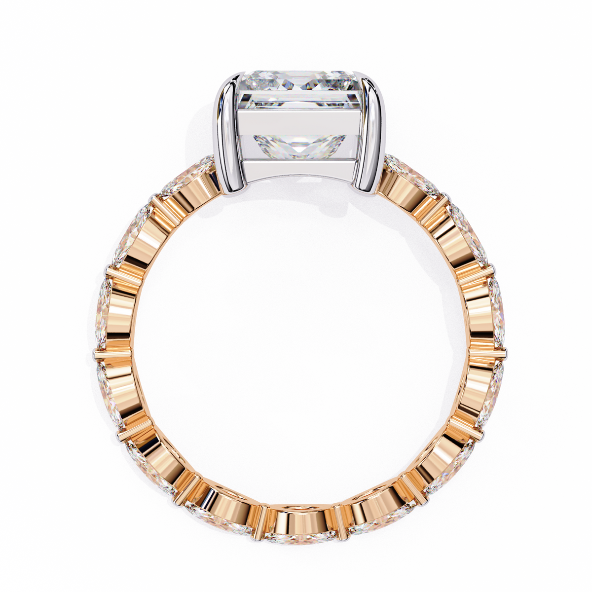 Rose Gold Princess Cut Diamond Ring with Marquise Eternity Band