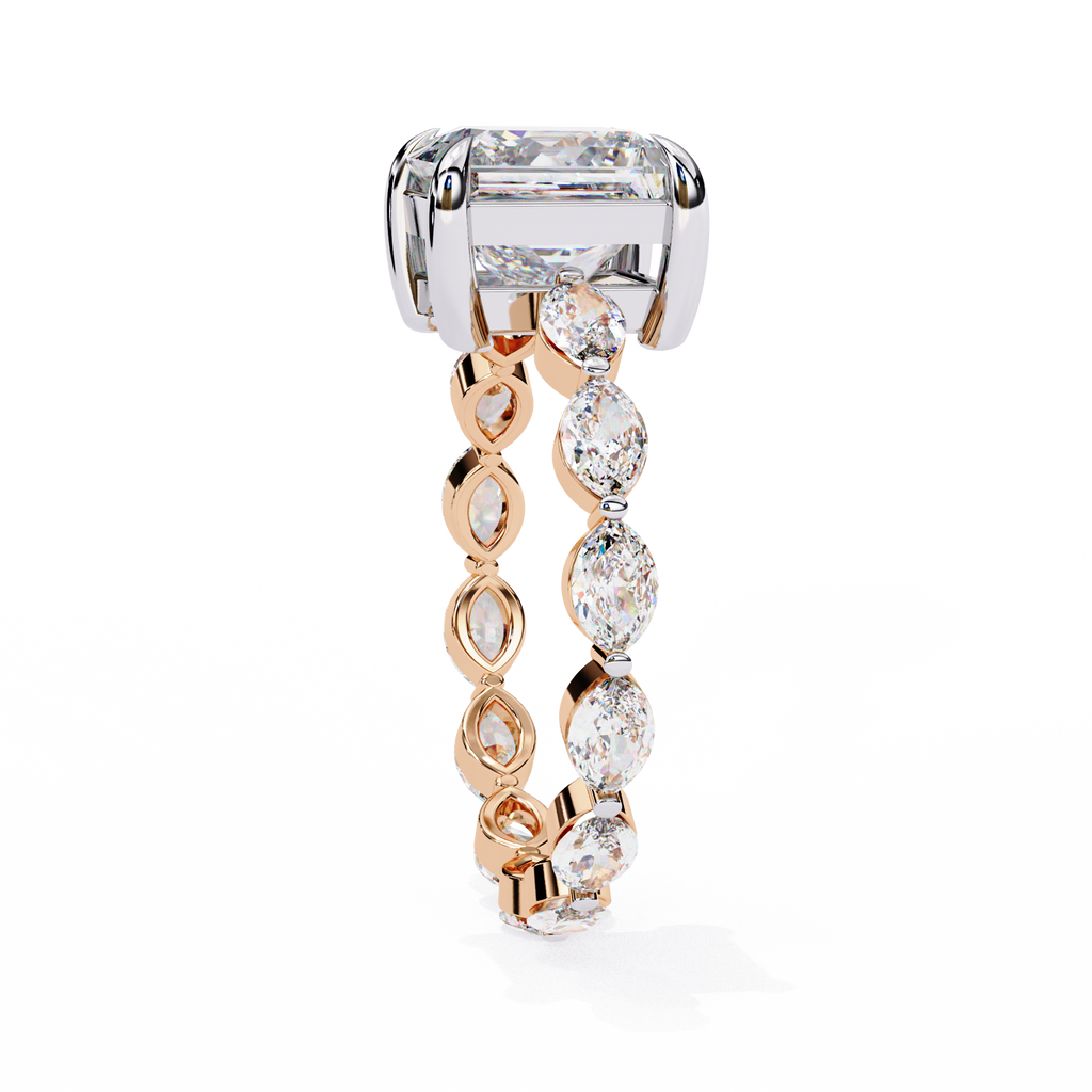 Rose Gold Princess Cut Diamond Ring with Marquise Eternity Band