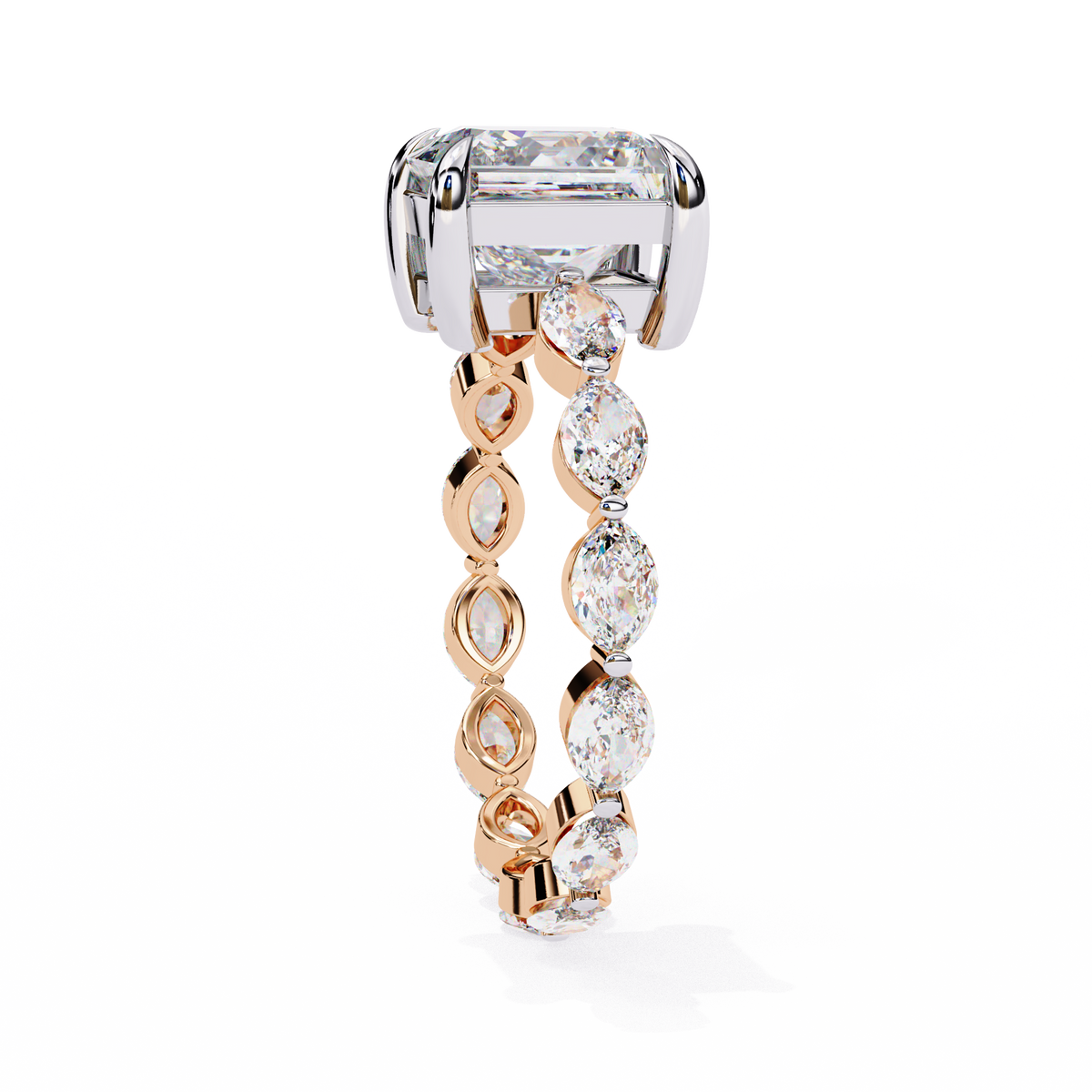 Rose Gold Princess Cut Diamond Ring with Marquise Eternity Band