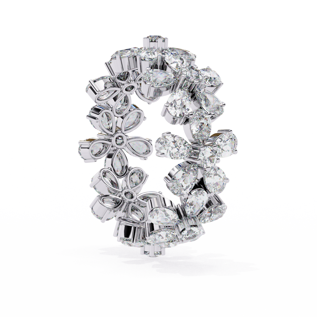 White Gold Pear Cluster Diamond Floral Eternity Ring