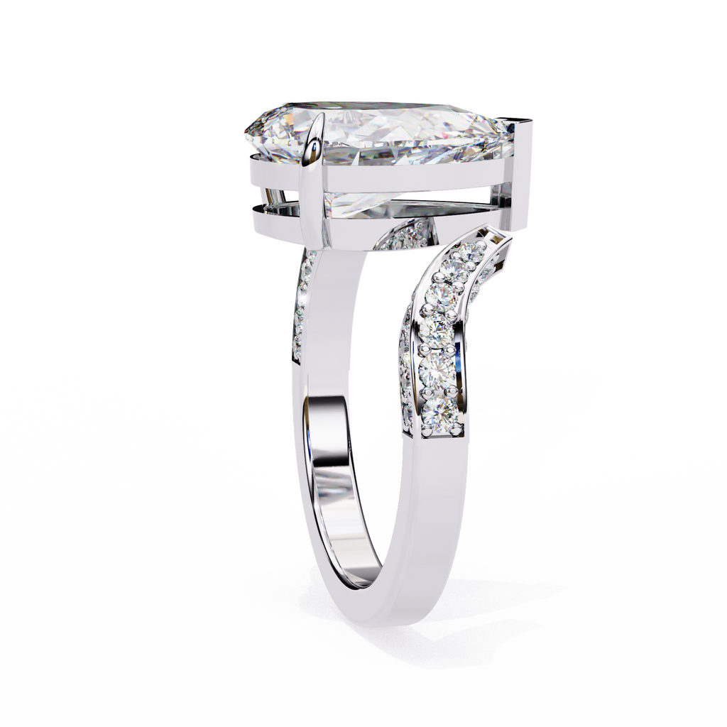 White Gold Pear Cut Diamond Bypass Ring with Pavé Shoulders