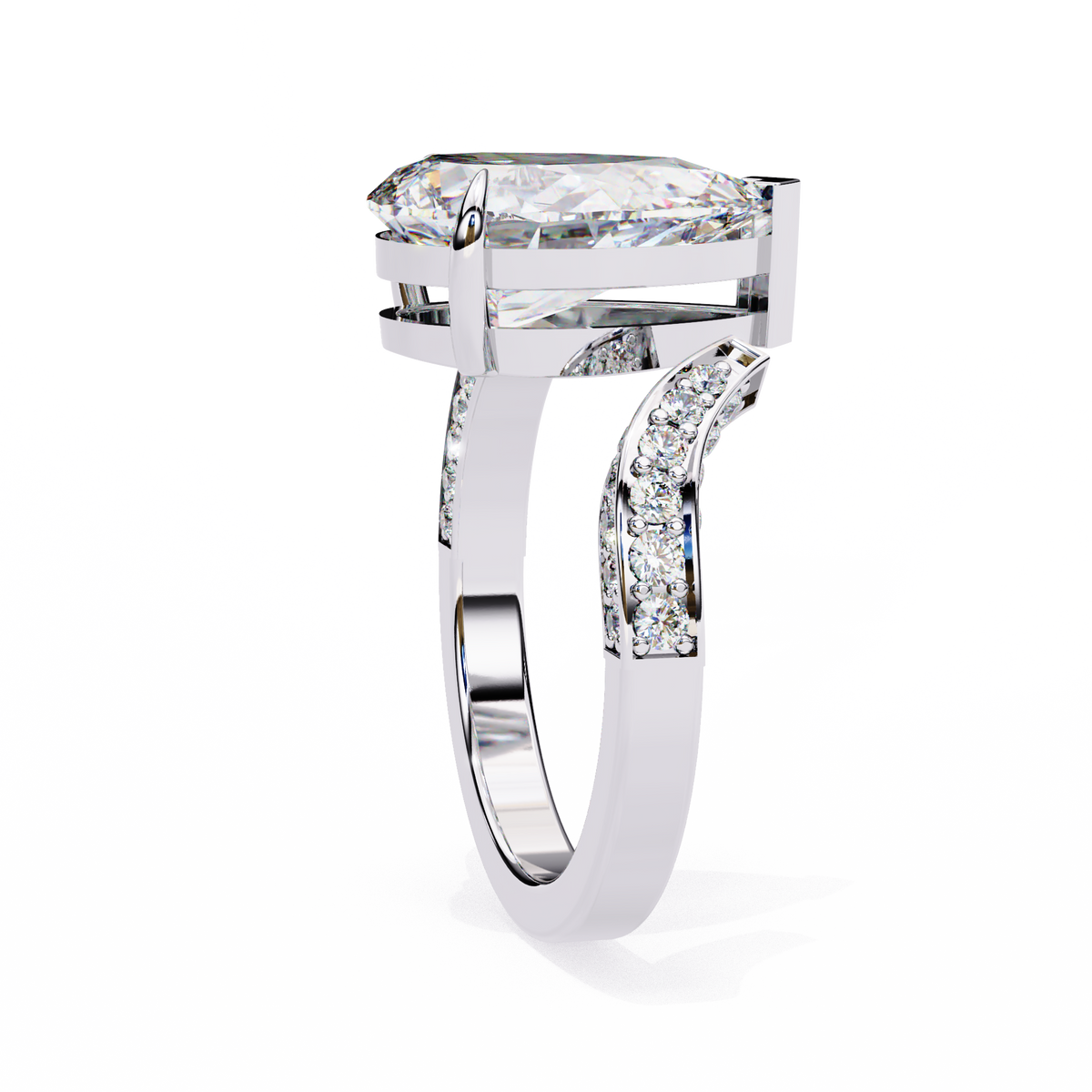 White Gold Pear Cut Diamond Bypass Ring with Pavé Shoulders