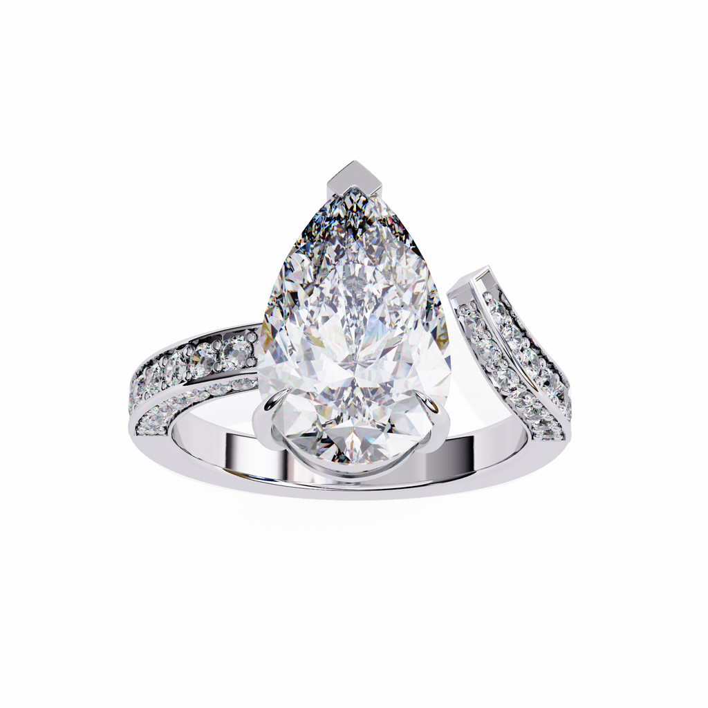 White Gold Pear Cut Diamond Bypass Ring with Pavé Shoulders