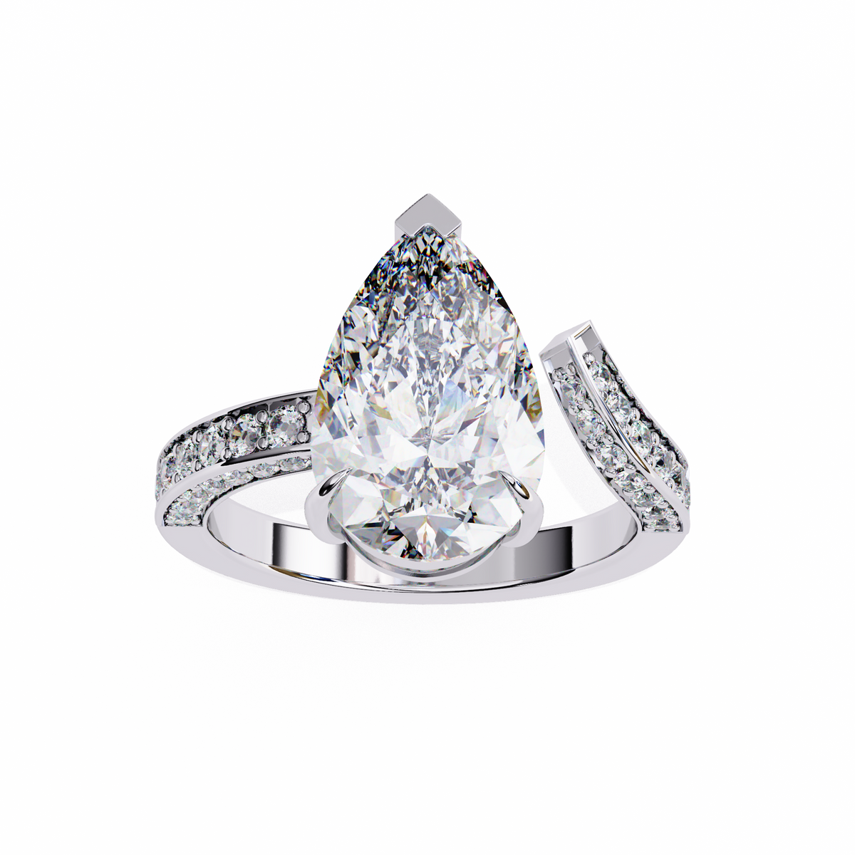 White Gold Pear Cut Diamond Bypass Ring with Pavé Shoulders