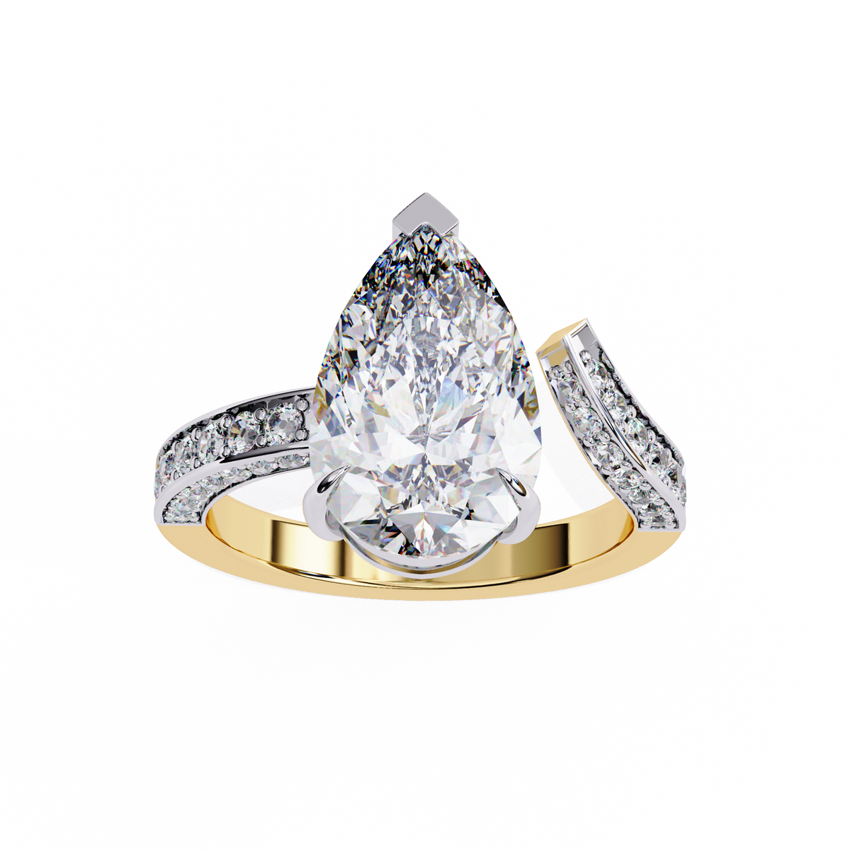 Yellow Gold Pear Cut Diamond Bypass Ring with Pavé Shoulders