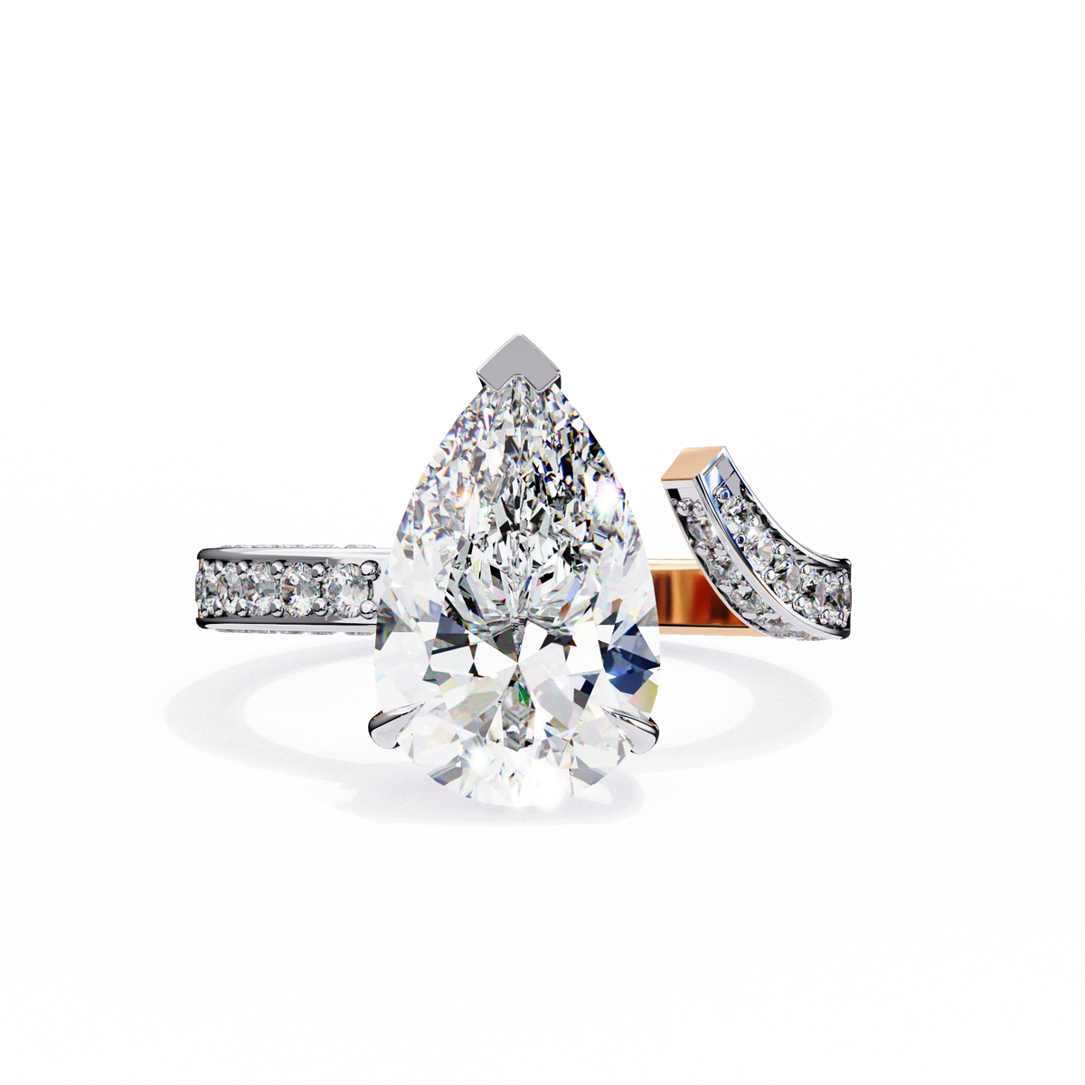 Rose Gold Pear Cut Diamond Bypass Ring with Pavé Shoulders