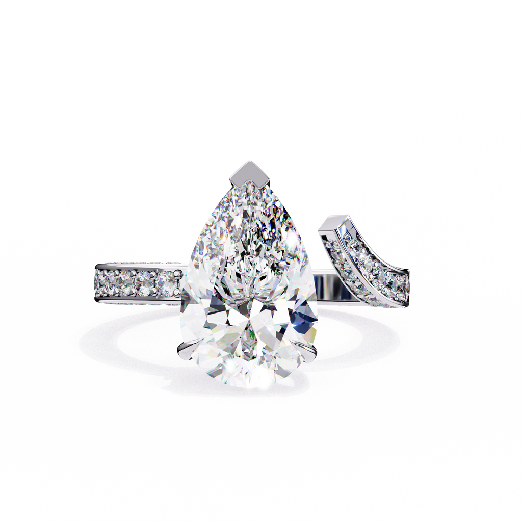 White Gold Pear Cut Diamond Bypass Ring with Pavé Shoulders