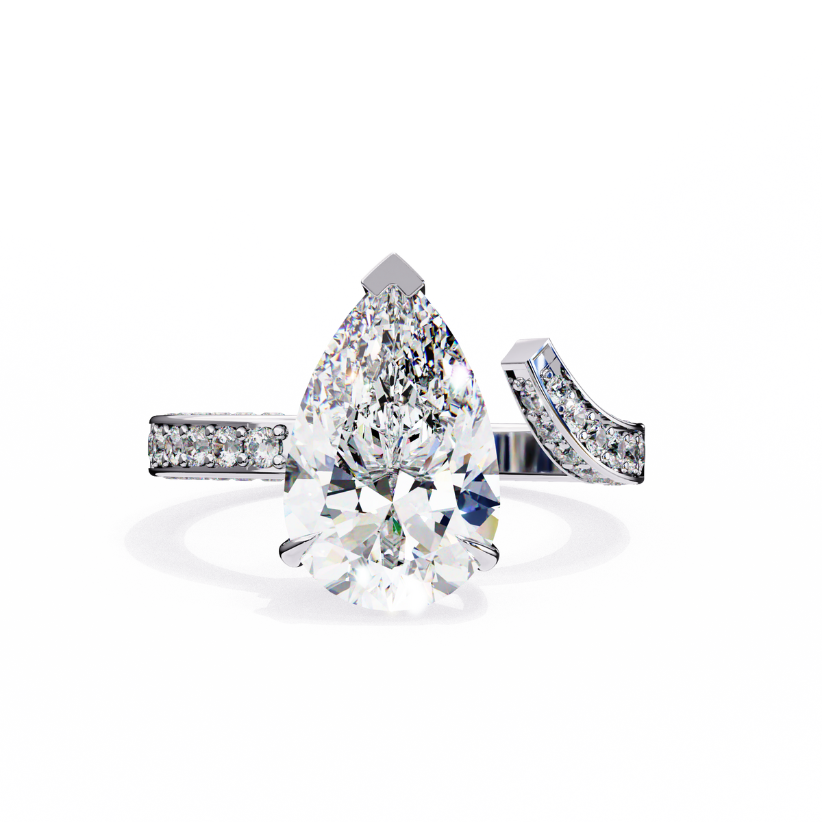 White Gold Pear Cut Diamond Bypass Ring with Pavé Shoulders