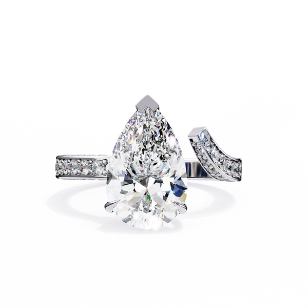 White Gold Pear Cut Diamond Bypass Ring with Pavé Shoulders