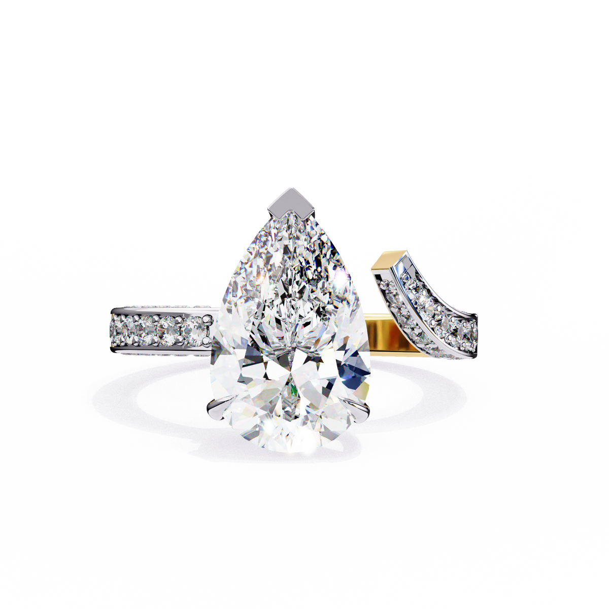 Yellow Gold Pear Cut Diamond Bypass Ring with Pavé Shoulders