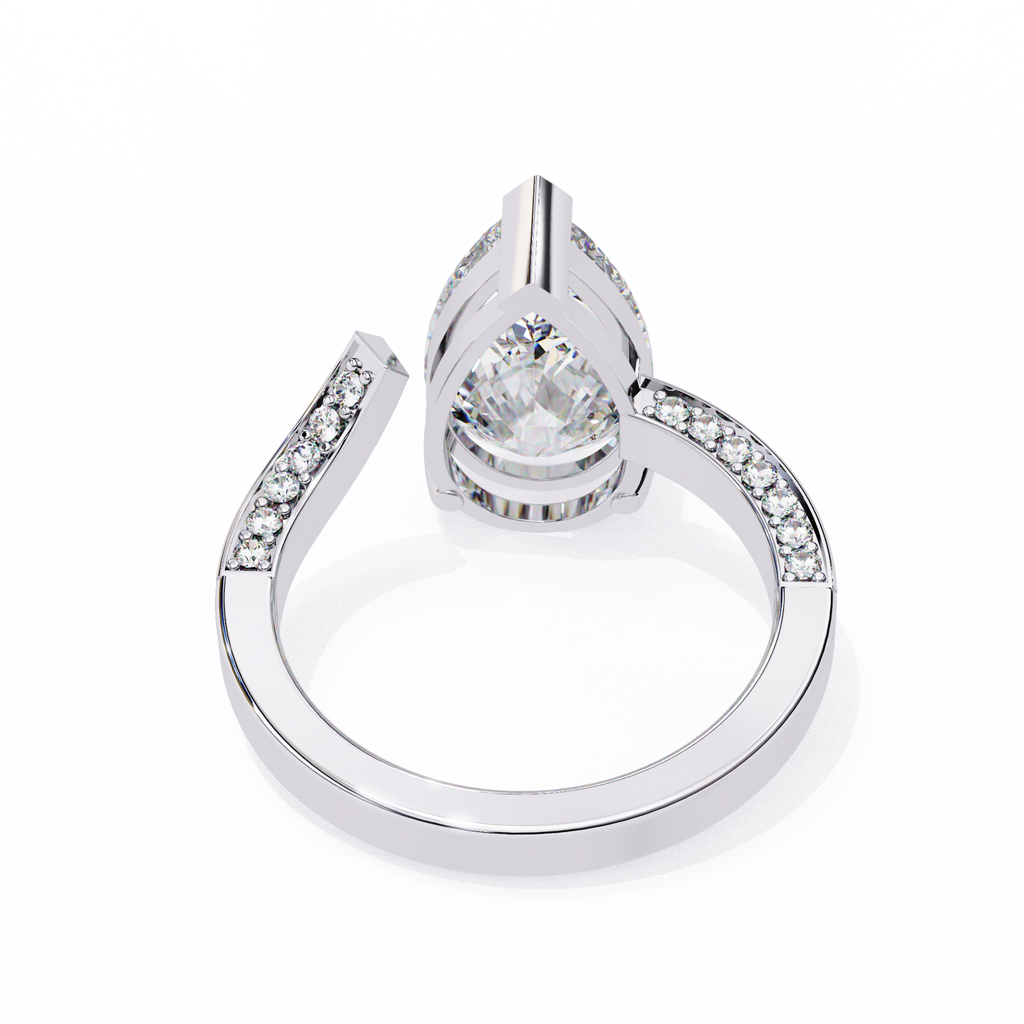 White Gold Pear Cut Diamond Bypass Ring with Pavé Shoulders