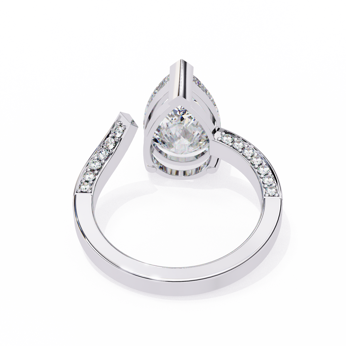 White Gold Pear Cut Diamond Bypass Ring with Pavé Shoulders