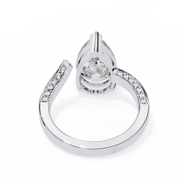 White Gold Pear Cut Diamond Bypass Ring with Pavé Shoulders