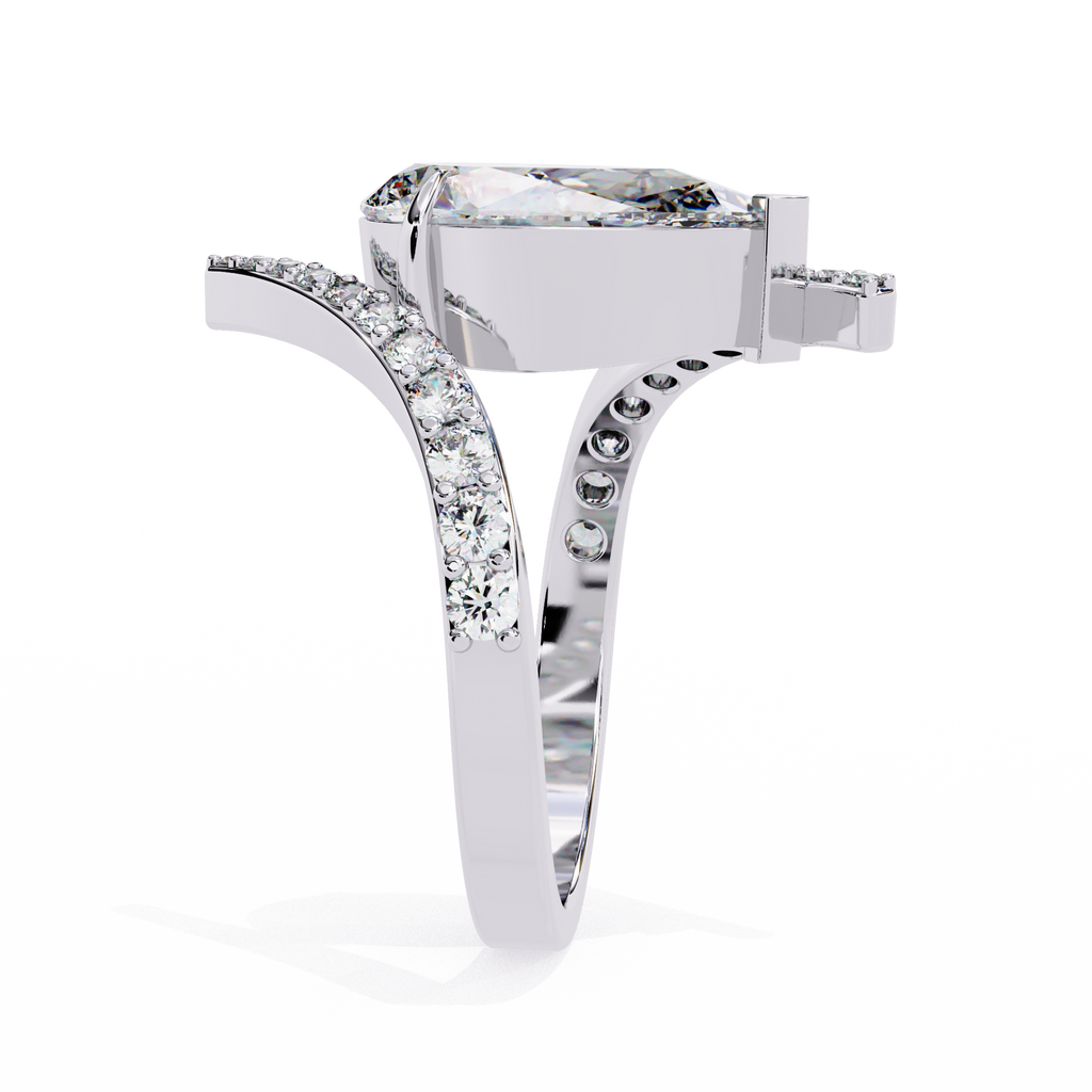 White Gold Pear Cut Diamond Bypass Ring with Pavé Shoulders