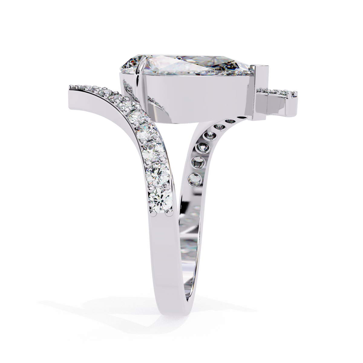 White Gold Pear Cut Diamond Bypass Ring with Pavé Shoulders