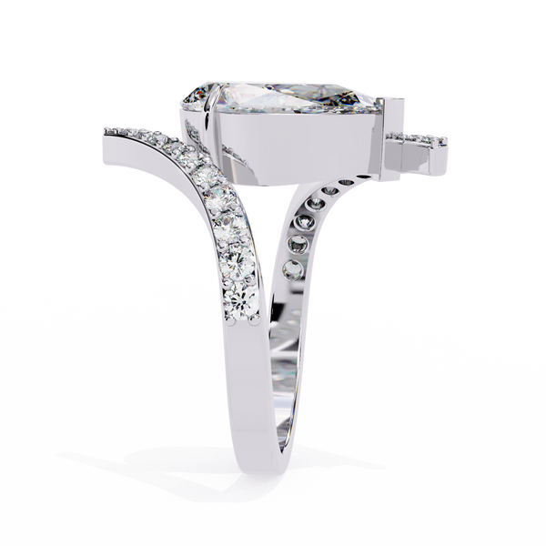 White Gold Pear Cut Diamond Bypass Ring with Pavé Shoulders