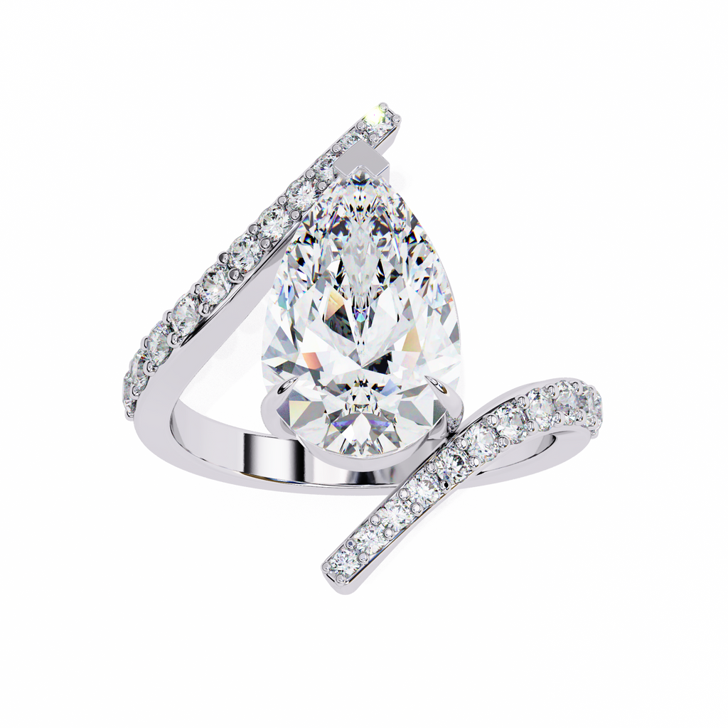 White Gold Pear Cut Diamond Bypass Ring with Pavé Shoulders