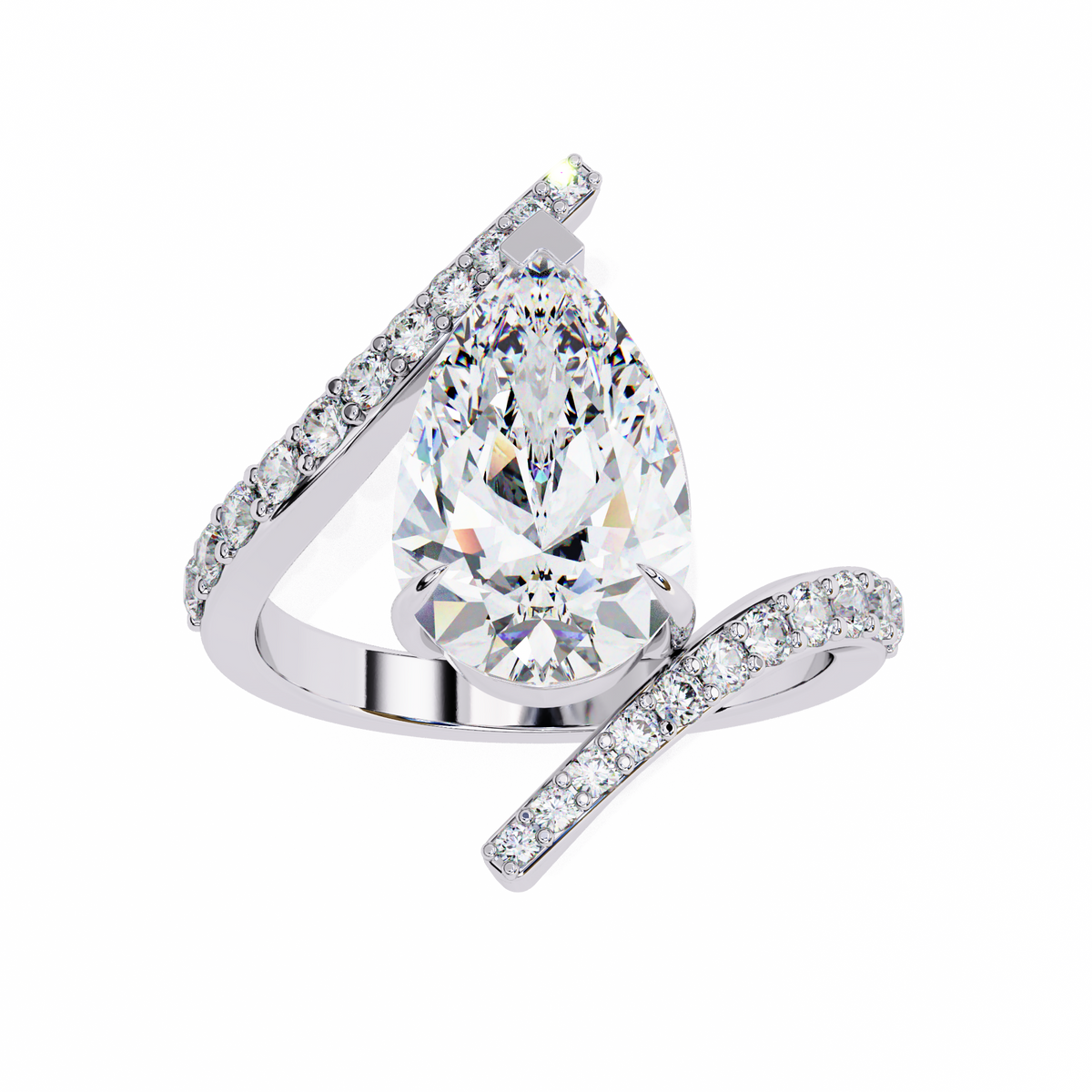 White Gold Pear Cut Diamond Bypass Ring with Pavé Shoulders