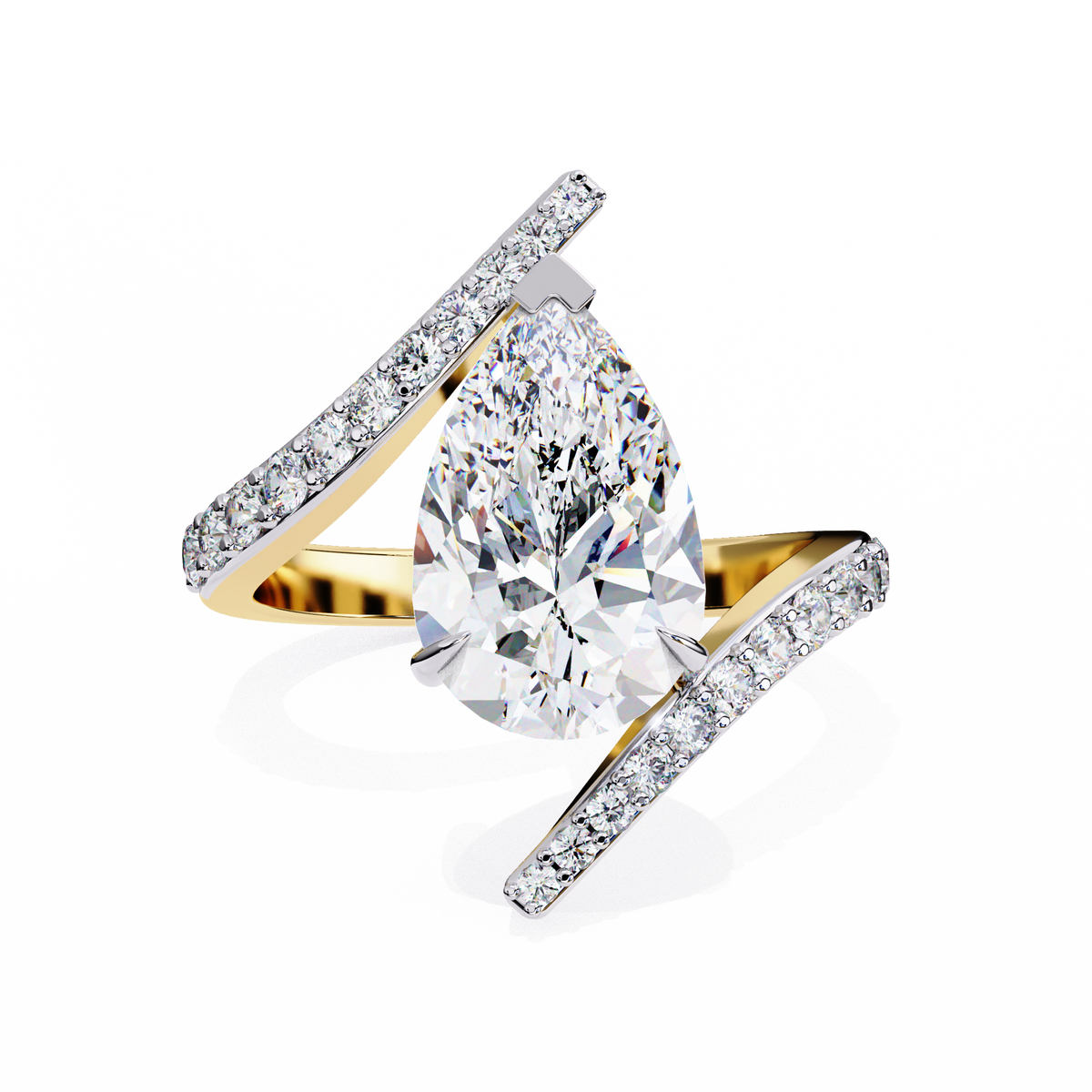 Yellow Gold Pear Cut Diamond Bypass Ring with Pavé Shoulders