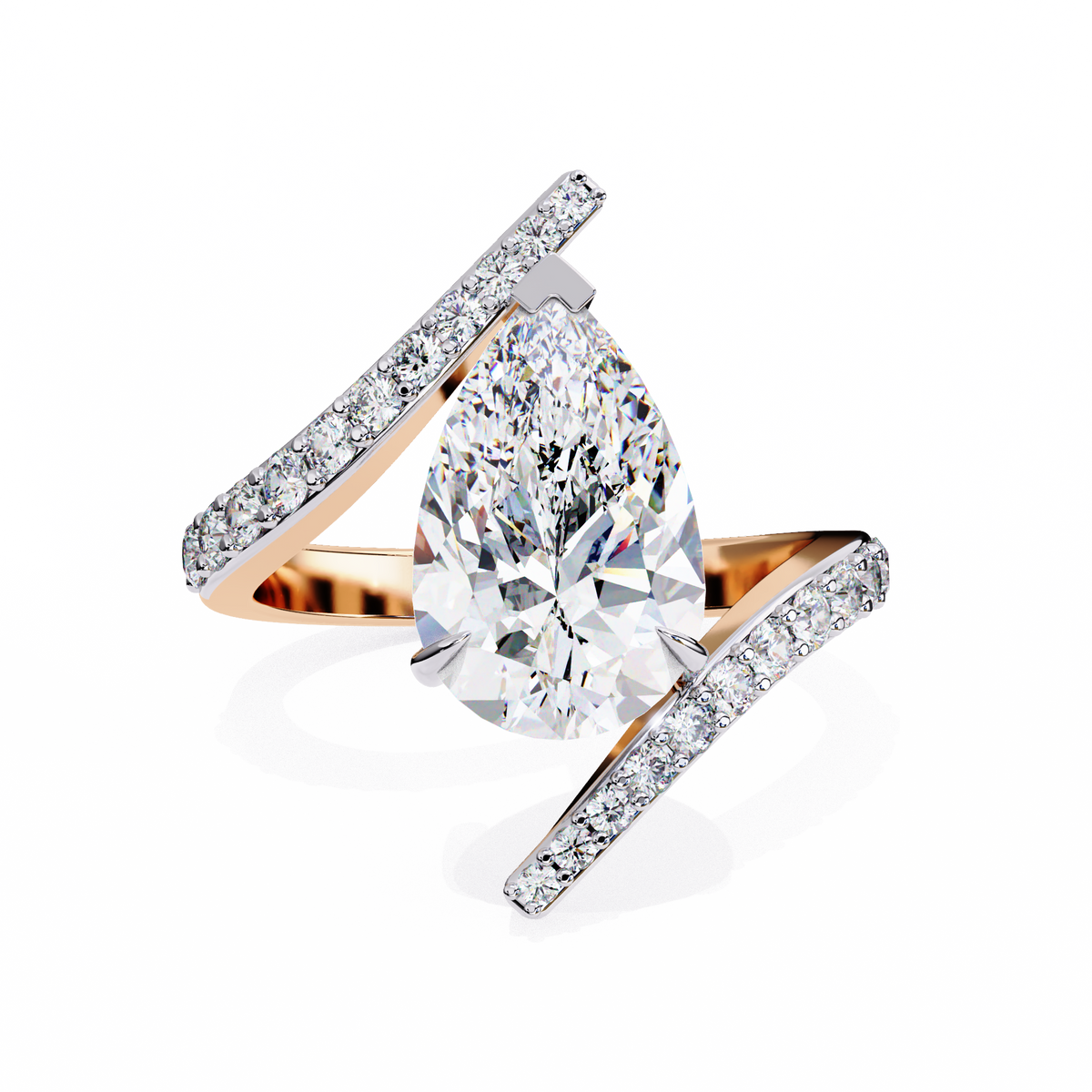 Rose Gold Pear Cut Diamond Bypass Ring with Pavé Shoulders