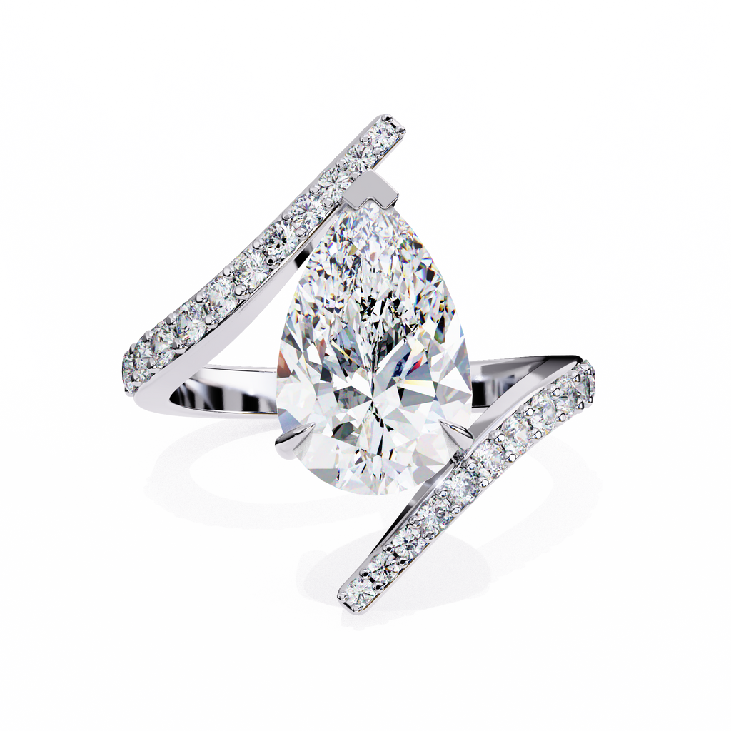 White Gold Pear Cut Diamond Bypass Ring with Pavé Shoulders