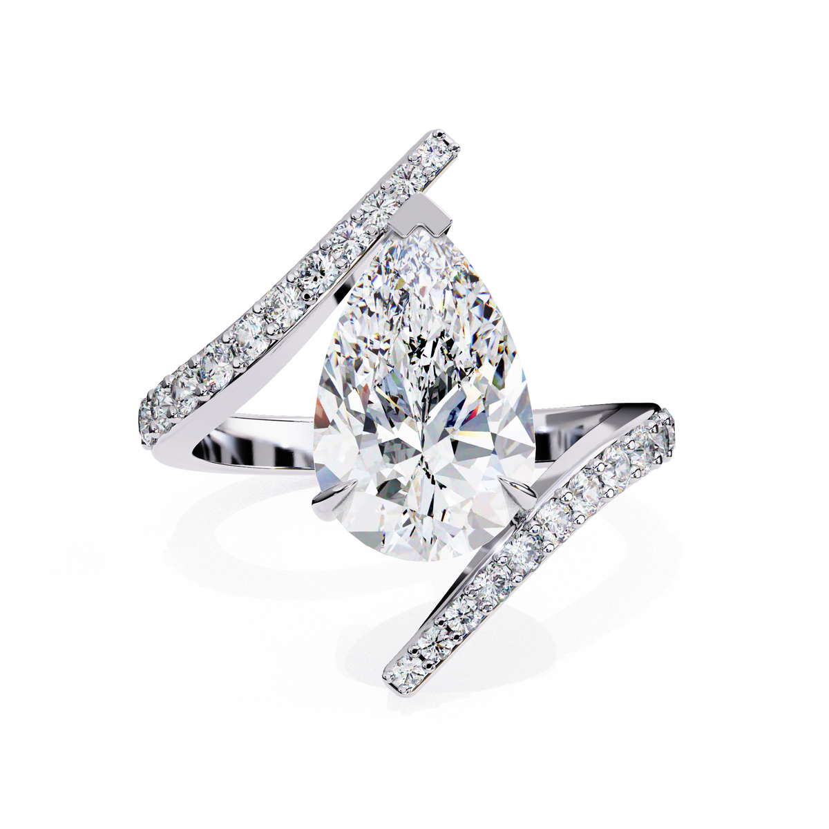 White Gold Pear Cut Diamond Bypass Ring with Pavé Shoulders
