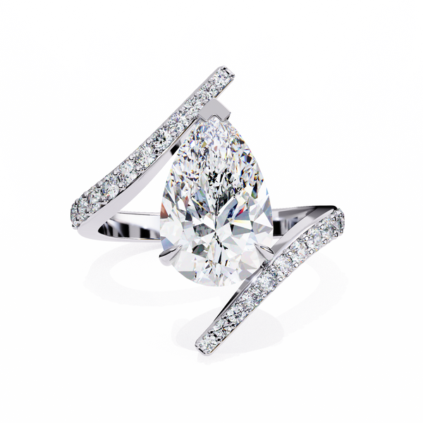 White Gold Pear Cut Diamond Bypass Ring with Pavé Shoulders