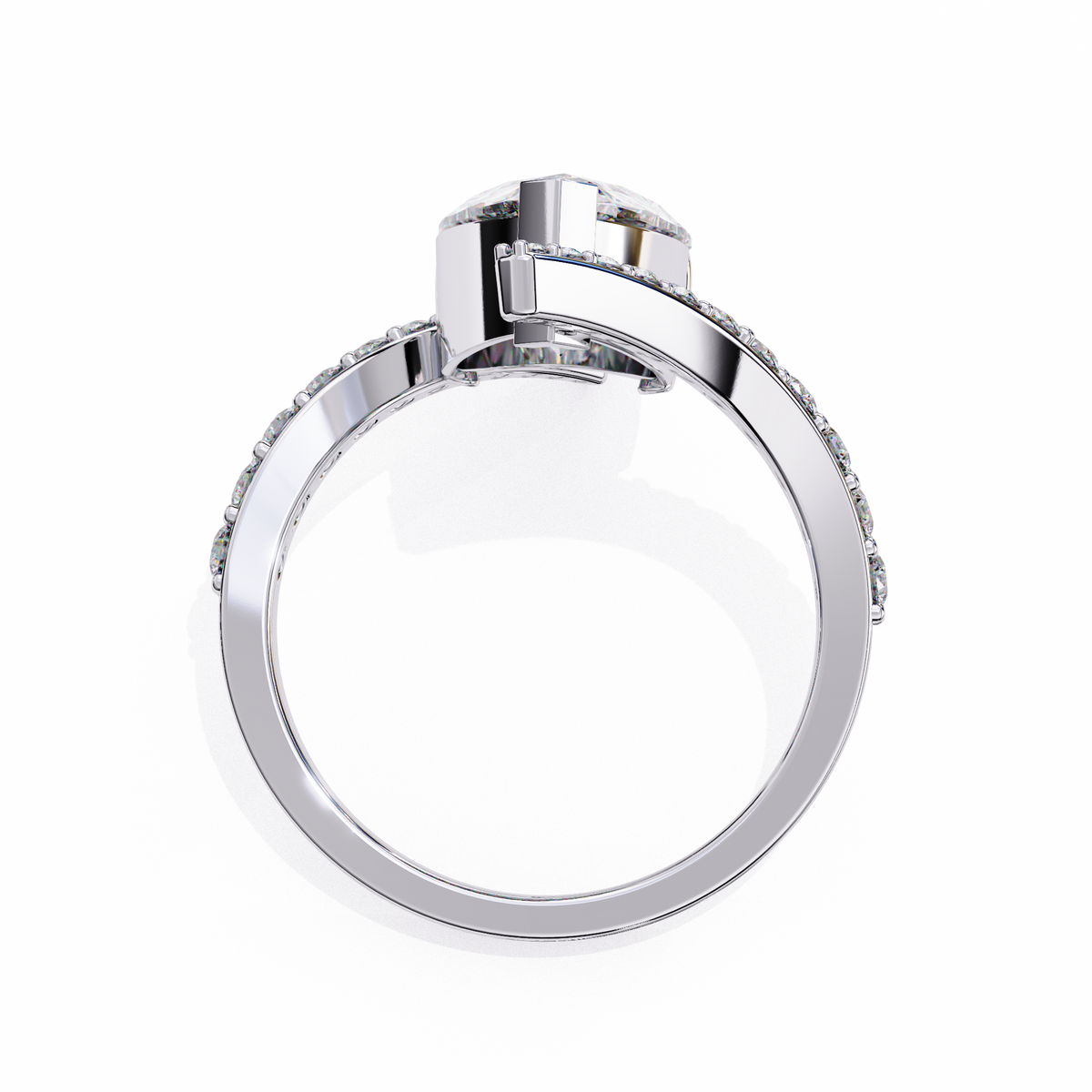 White Gold Pear Cut Diamond Bypass Ring with Pavé Shoulders