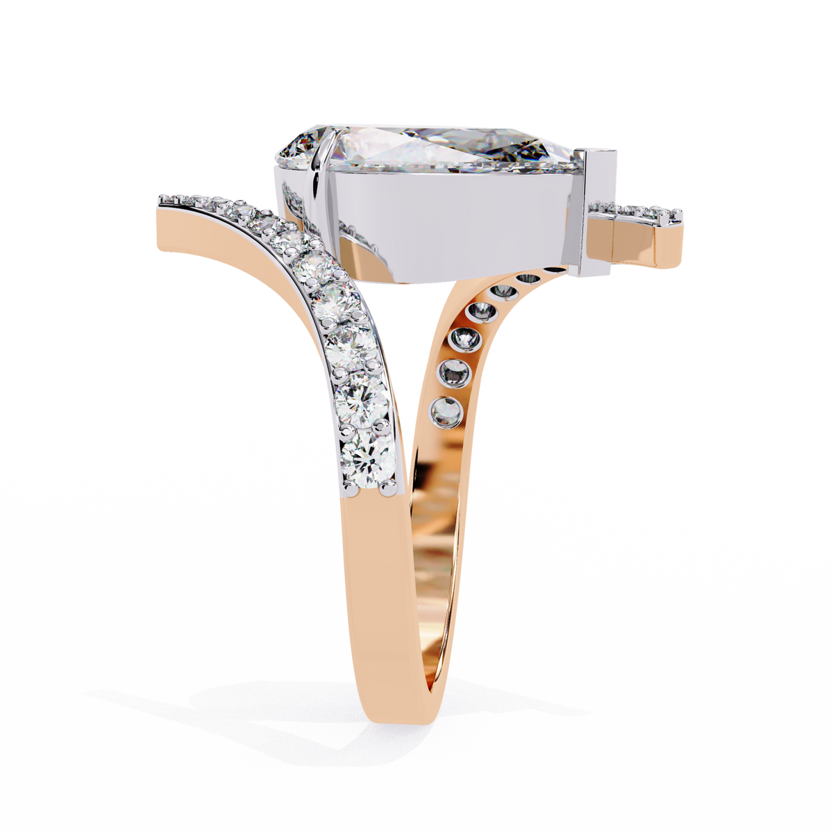 Rose Gold Pear Cut Diamond Bypass Ring with Pavé Shoulders