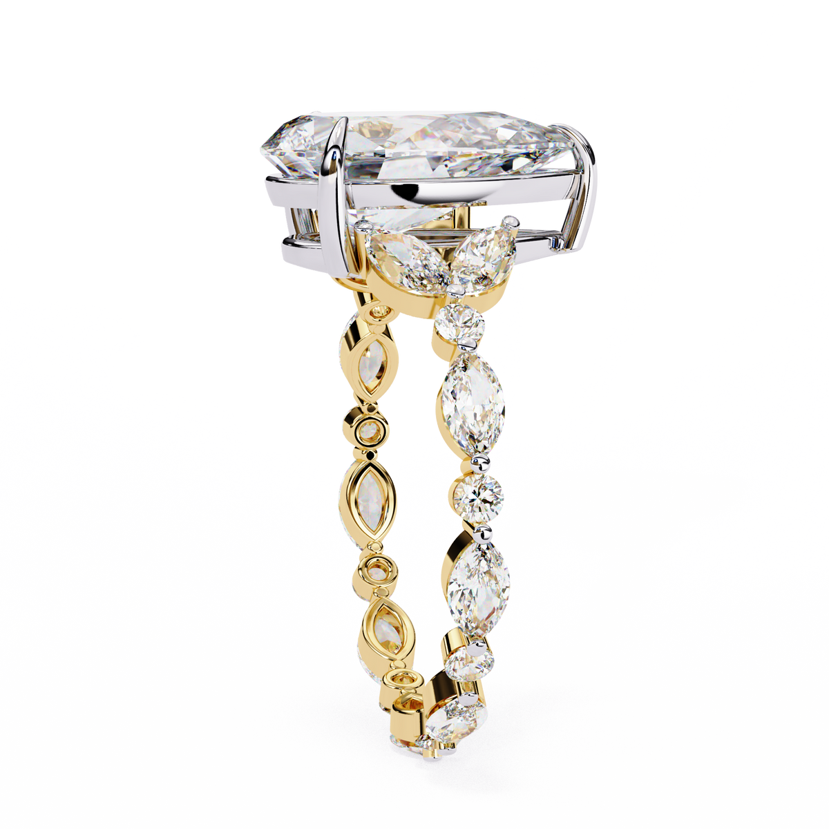 Yellow Gold Pear Cut Diamond Ring with Marquise and Round Eternity Band