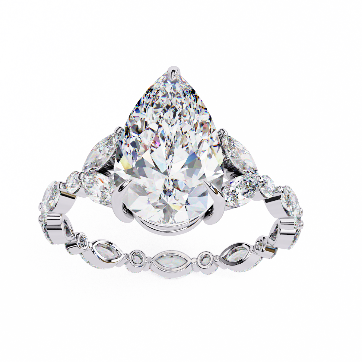 White Gold Pear Cut Diamond Ring with Marquise and Round Eternity Band